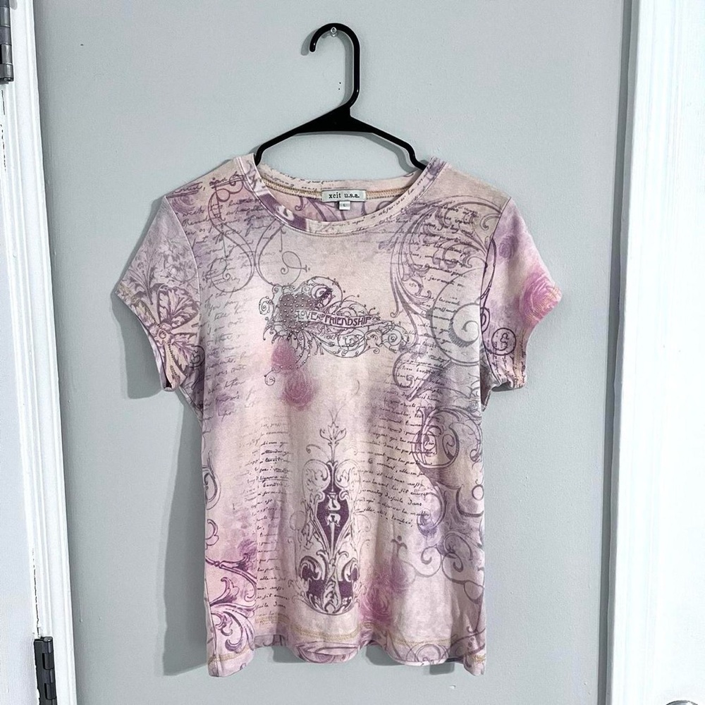 Xcit u.s.a light pink bedazzled letter print short sleeve top